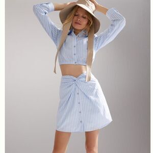 NEW Maeve Anthropologie Two Piece Shirt and Skirt Set Blue White Stripe Size 12
